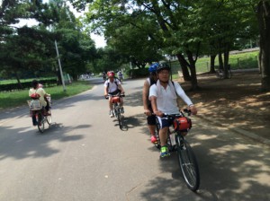 （写真）浜寺公園内を数台のタンデム自転車が走っているところ